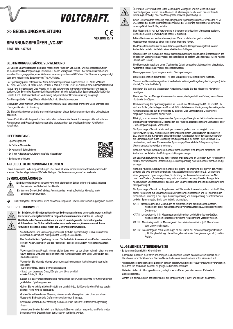 Page 1 de la notice Manuel utilisateur Voltcraft VC65