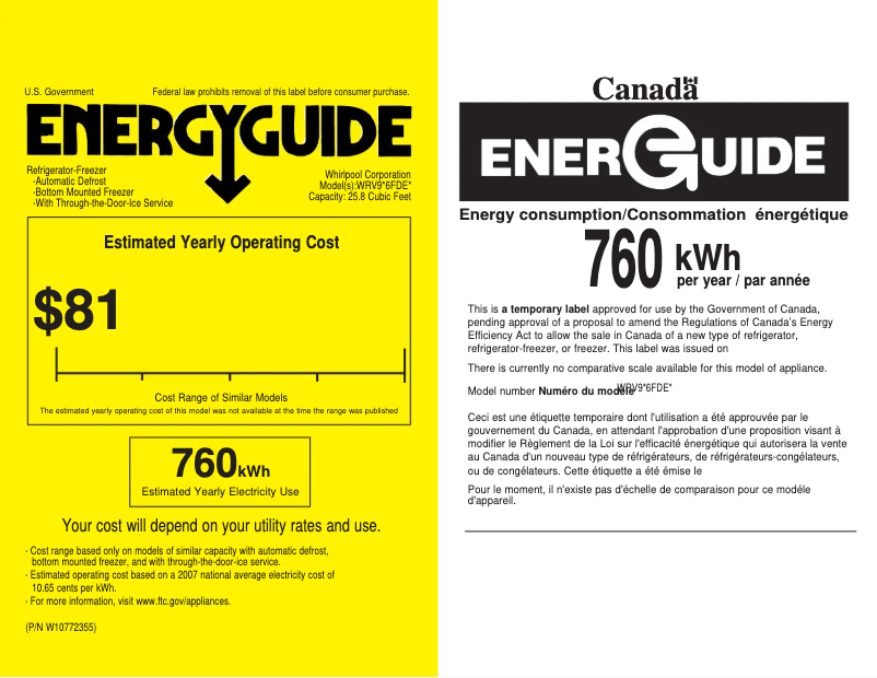 Page 1 de la notice Label énergétique Whirlpool WRV976FDE