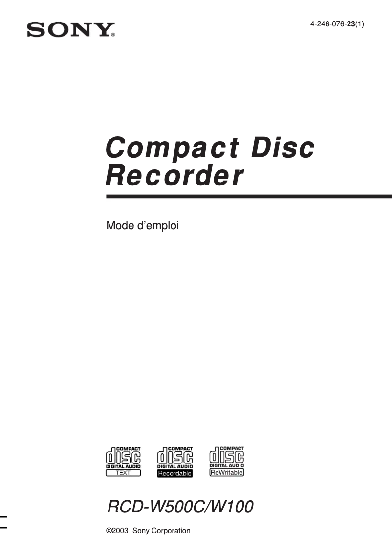 Page 1 de la notice Manuel utilisateur Sony RCD-W100