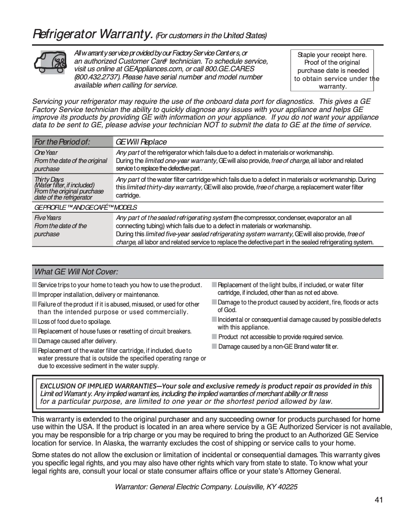 Página 1 del manual Información de garantía GE GDE21EGKWW