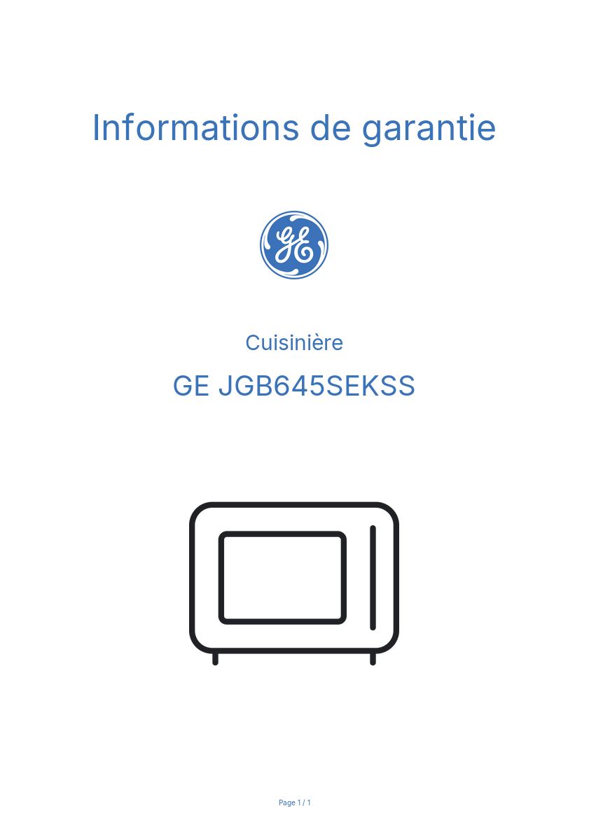 Page 1 de la notice Informations de garantie GE JGB645SEKSS