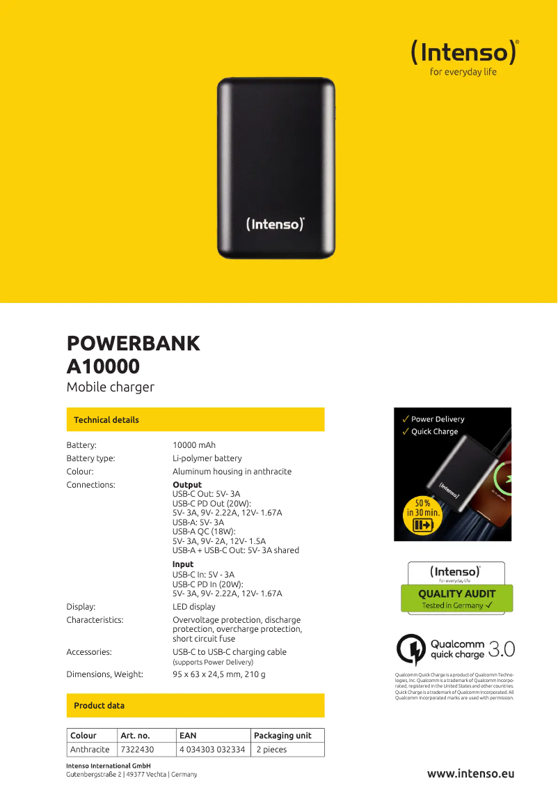 Page 1 de la notice Fiche technique Intenso A10000