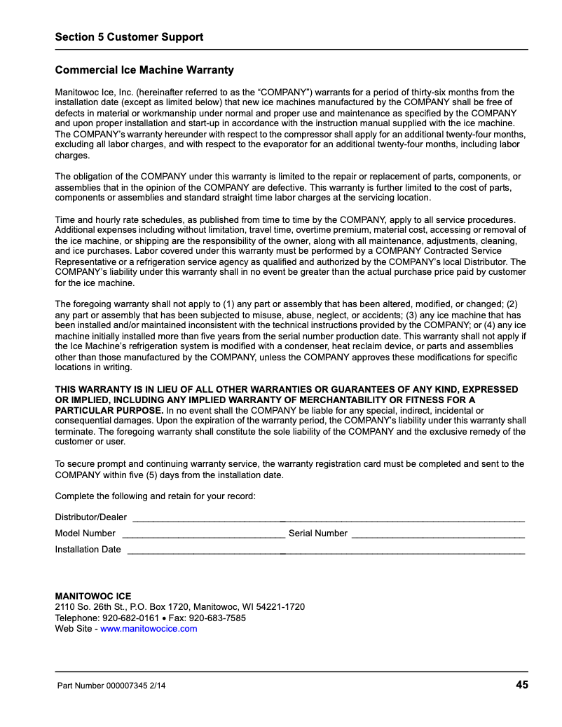 Página 1 del manual Información de garantía Manitowoc SFA-191