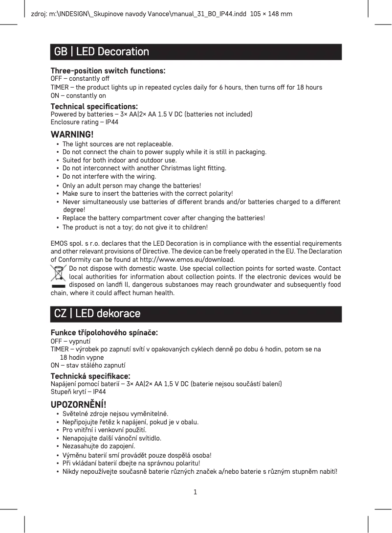 Page 1 de la notice Manuel utilisateur Emos DCZW01