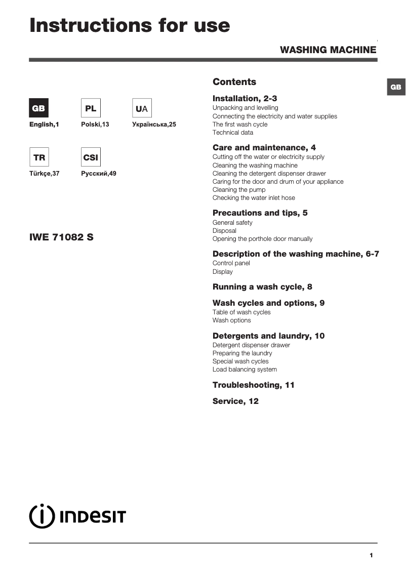 Página 1 del manual Manual de usuario Indesit IWE 71082 S C ECO (EU)