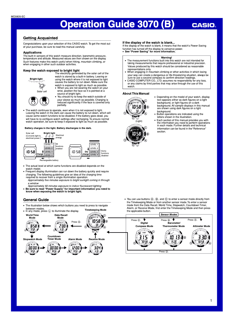Page 1 de la notice Manuel utilisateur Casio PRW-1300T-7VER