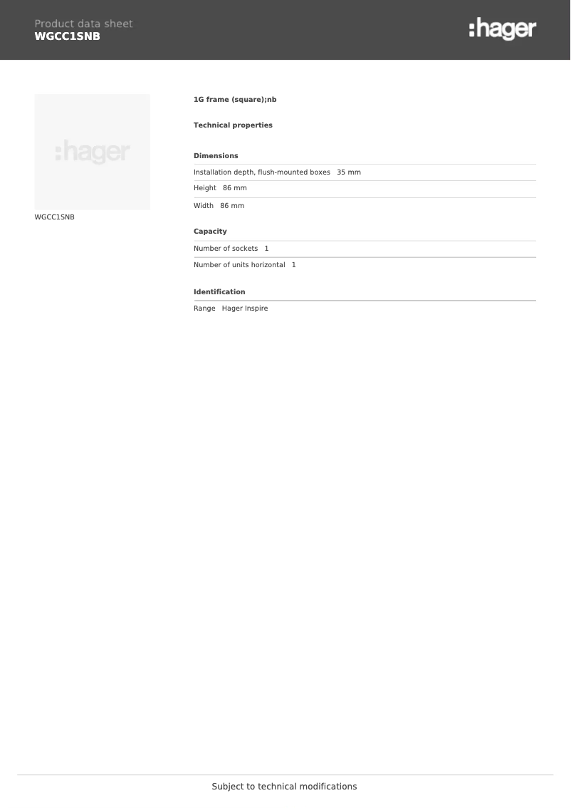 Page 1 de la notice Fiche technique Hager WGCC1SNB