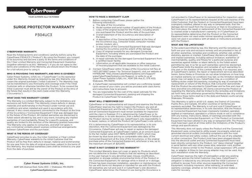 Página 1 del manual Información de garantía CyberPower P304UC3