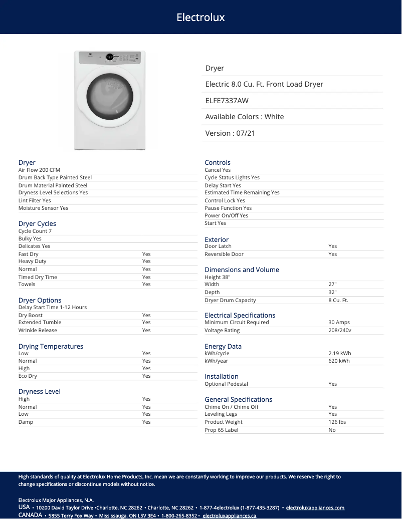Page 1 de la notice Fiche technique Electrolux ELFE7337AW