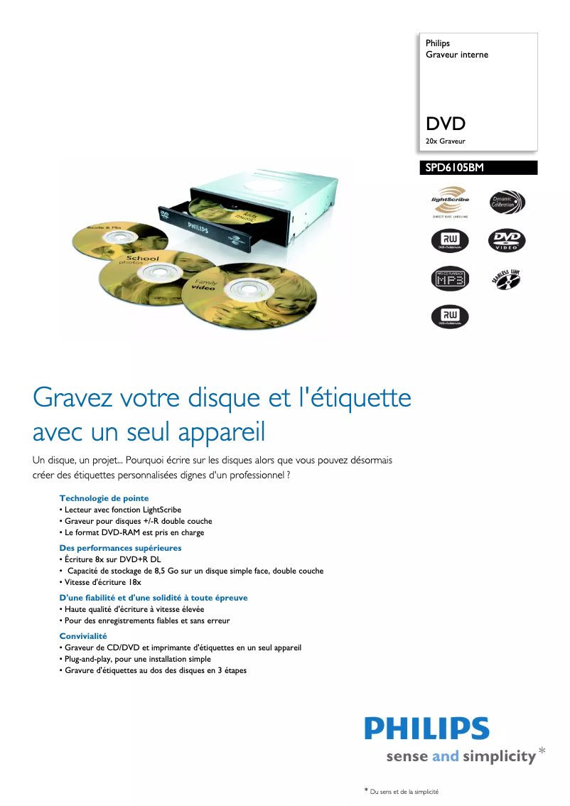 Page 1 de la notice Fiche technique Philips SPD6105BM