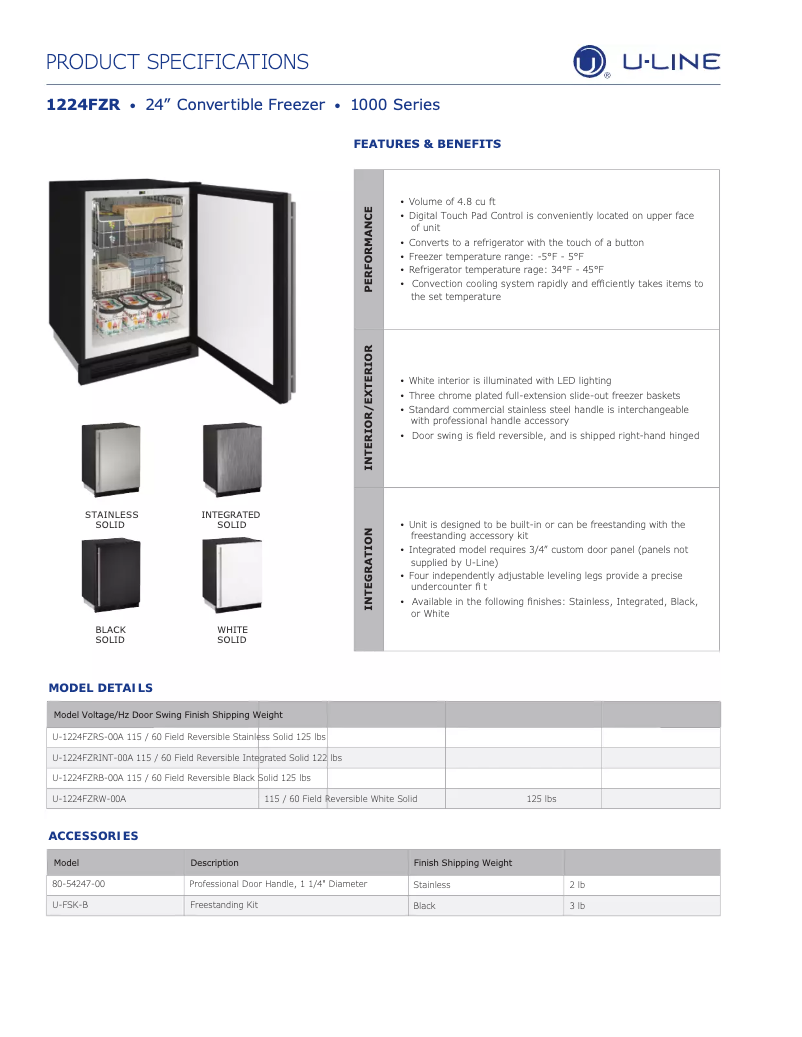 Page 1 de la notice Fiche technique U-Line U-1224FZRW-00A