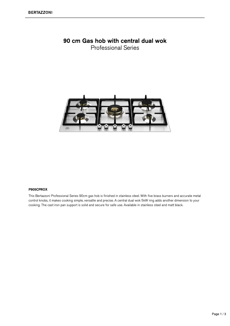 Page 1 de la notice Fiche technique Bertazzoni P905CPROX