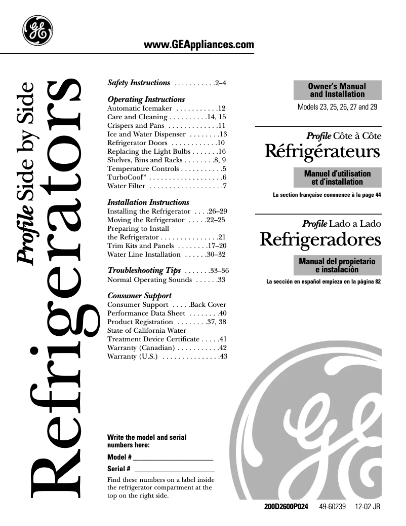 Page 1 of the manual Instruction Manual GE PSI23MGPBB