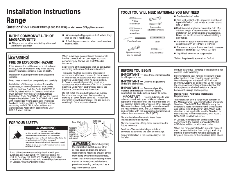 Page 1 of the manual Installation Guide GE JGAS02SENSS