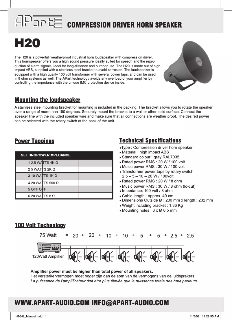Page 1 de la notice Manuel utilisateur APart H20-G