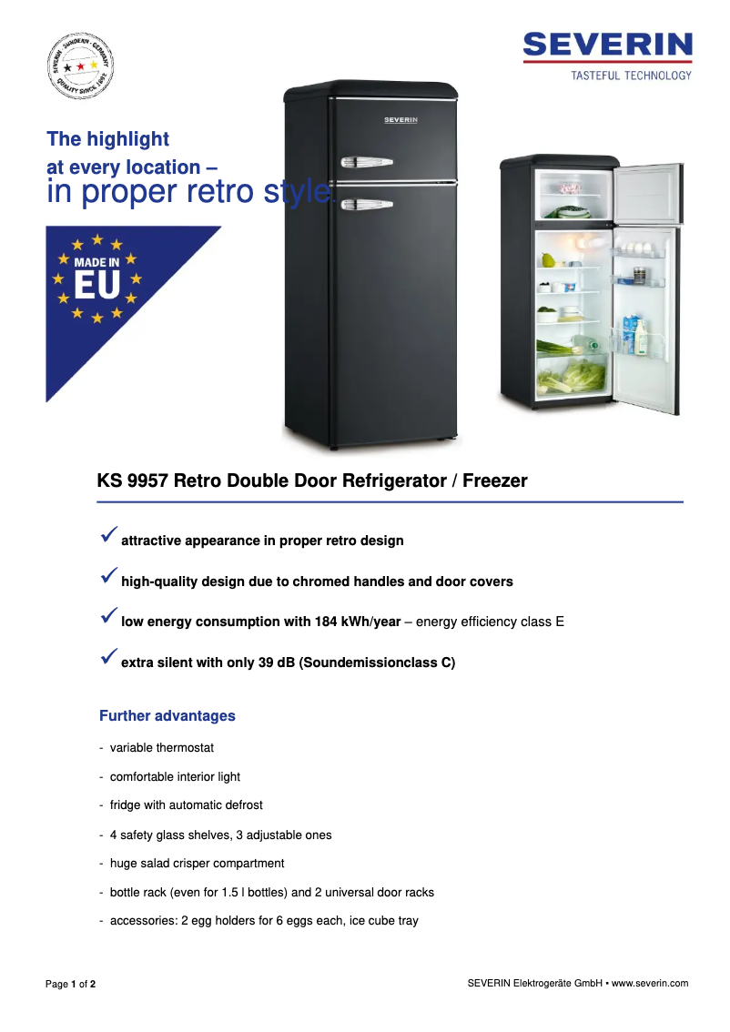 Page 1 de la notice Fiche technique Severin KS 9957
