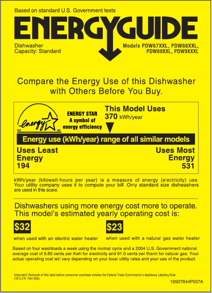 Page 1 de la notice Label énergétique GE Profile PDW9800LWW