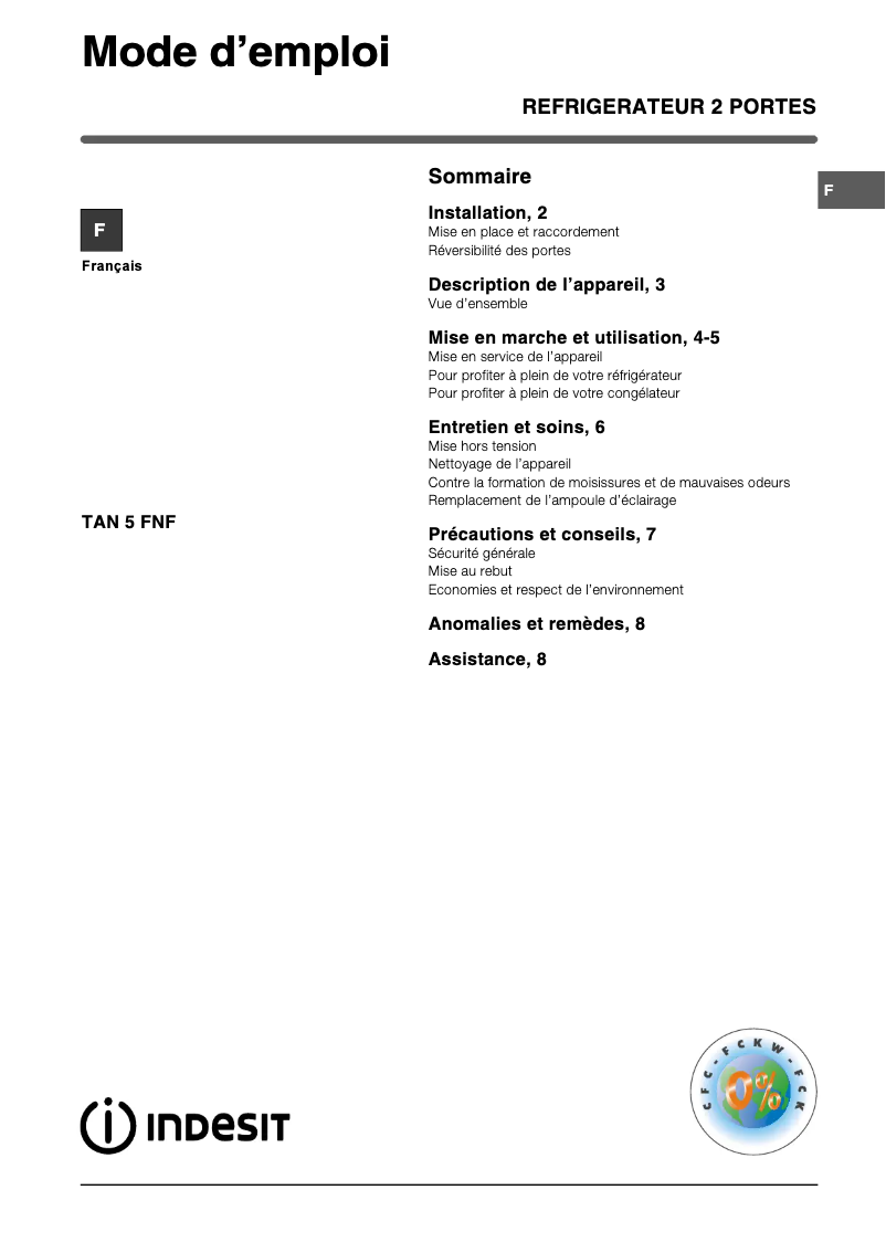 Page 1 de la notice Manuel utilisateur Indesit TAN 5 FNF (FR)