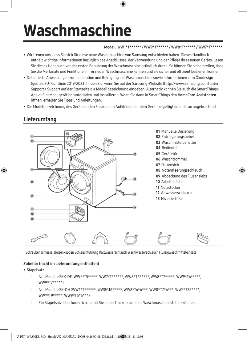 Page 1 de la notice Manuel utilisateur Samsung WW8XT956ASH
