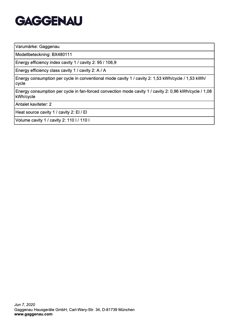 Page 1 de la notice Fiche technique Gaggenau BX480111