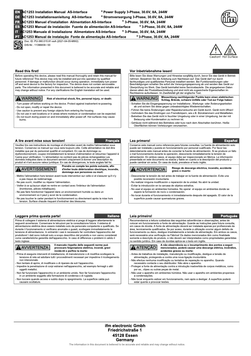 Page 1 de la notice Manuel utilisateur IFM AC1253