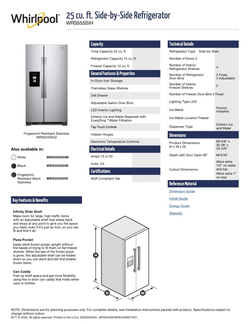 Page 1 of the manual Technical Sheet Whirlpool WRS555SIHZ