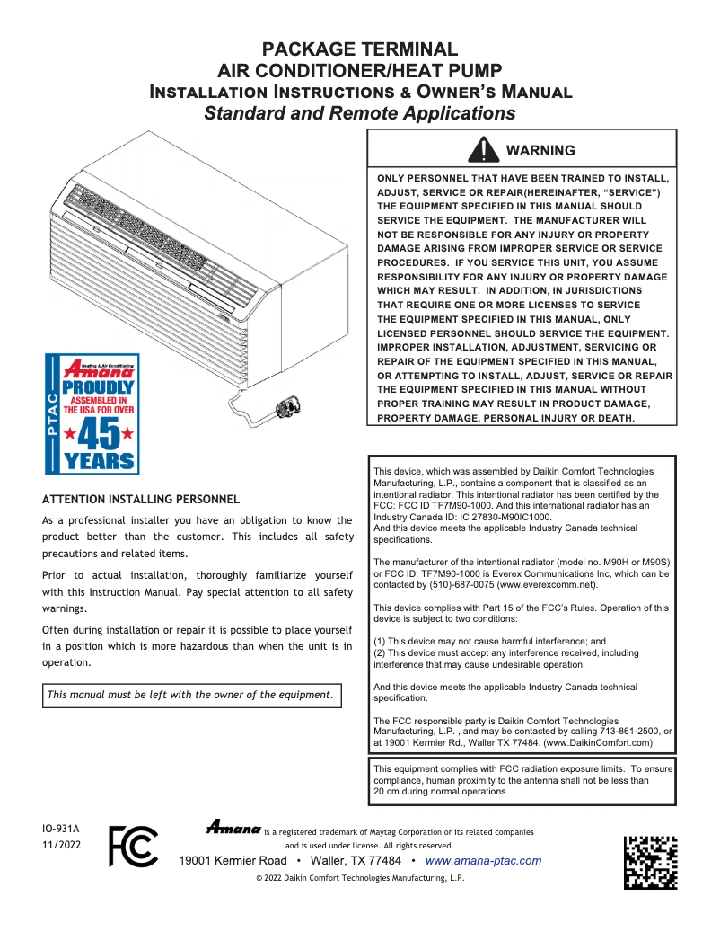 Page 1 de la notice Guide d'installation Amana PTH154K35AXXX