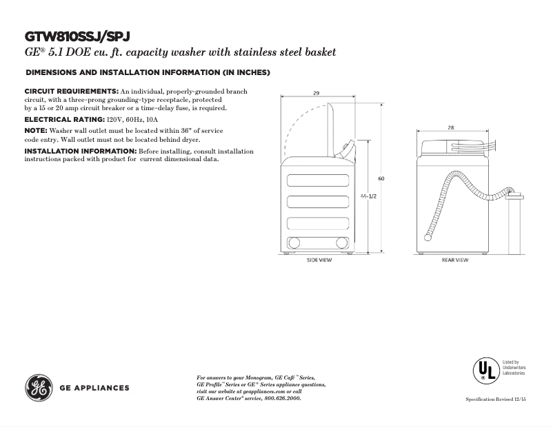 Página 1 del manual Ficha técnica GE GTW810SSJWS