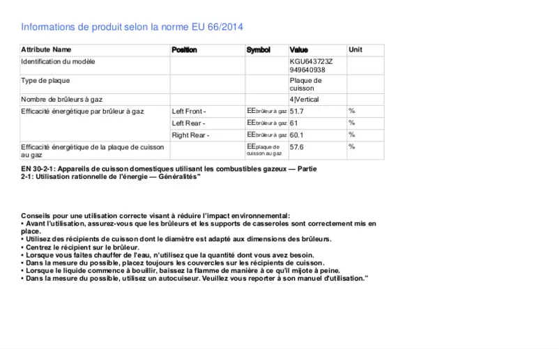 Page 1 de la notice Fiche technique Electrolux KGU643723Z