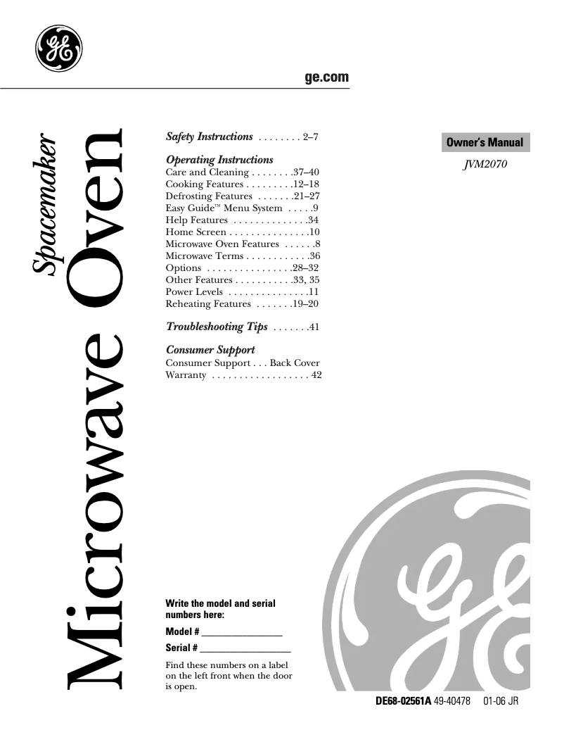 Page 1 of the manual Use and Maintenance Manual GE JVM2070WH