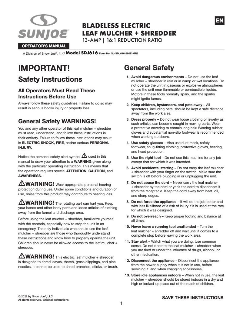 Page 1 de la notice Manuel utilisateur Sun Joe SDJ616