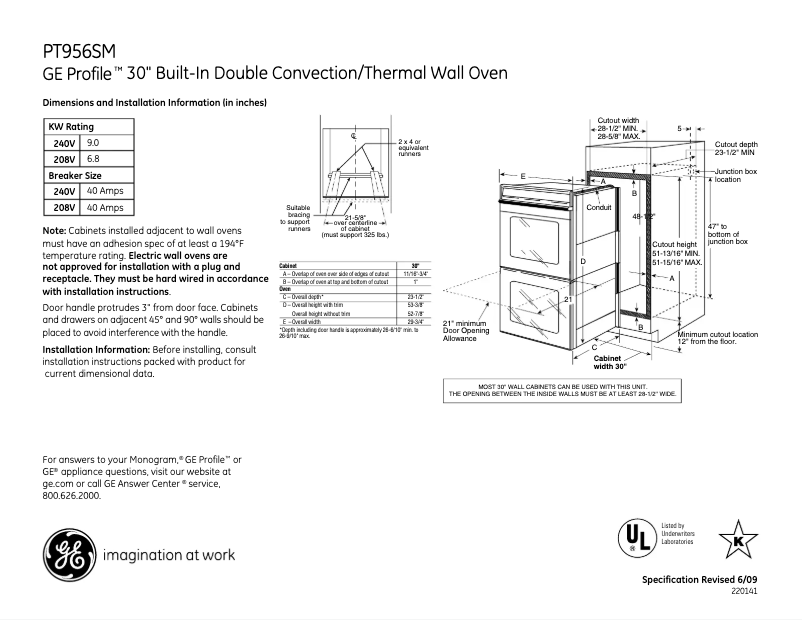 Página 1 del manual Ficha técnica GE Profile PT956SMSS