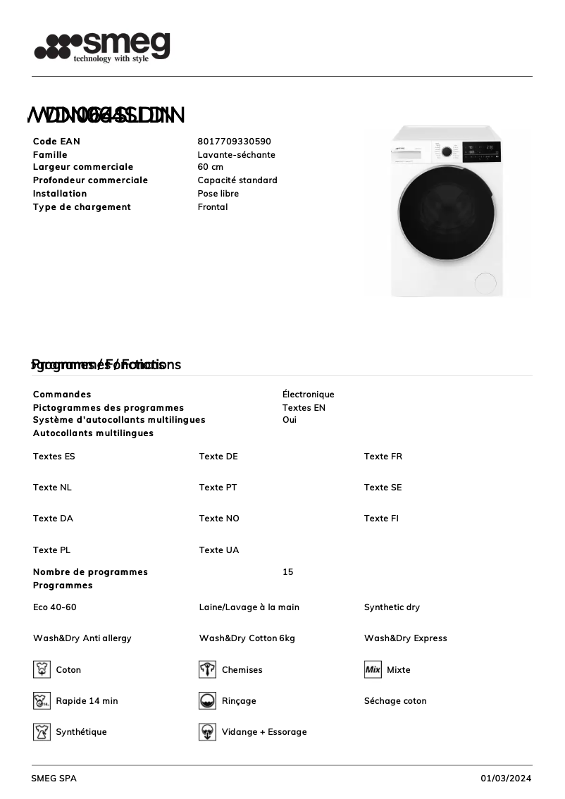 Página 1 del manual Ficha técnica Smeg WDN064SLDIN