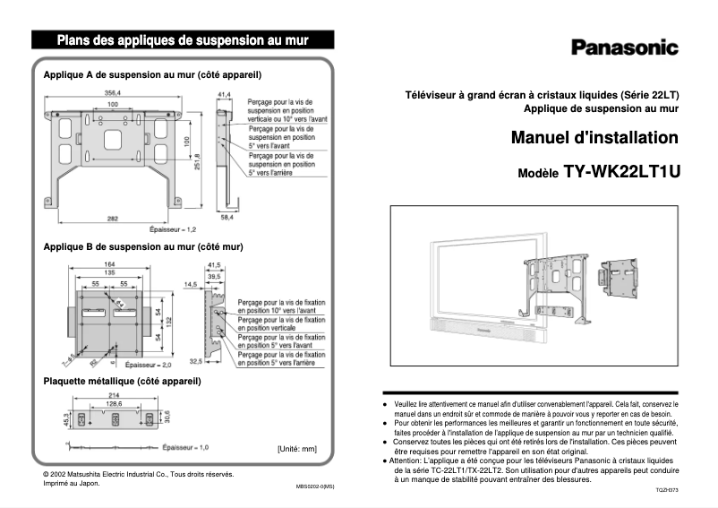 Page 1 de la notice Manuel utilisateur Panasonic TY-WK22LT1U