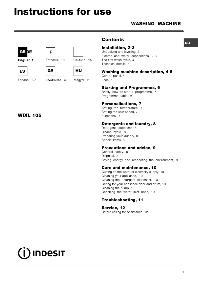 Page 1 de la notice Manuel utilisateur Indesit WIXL 105 EX