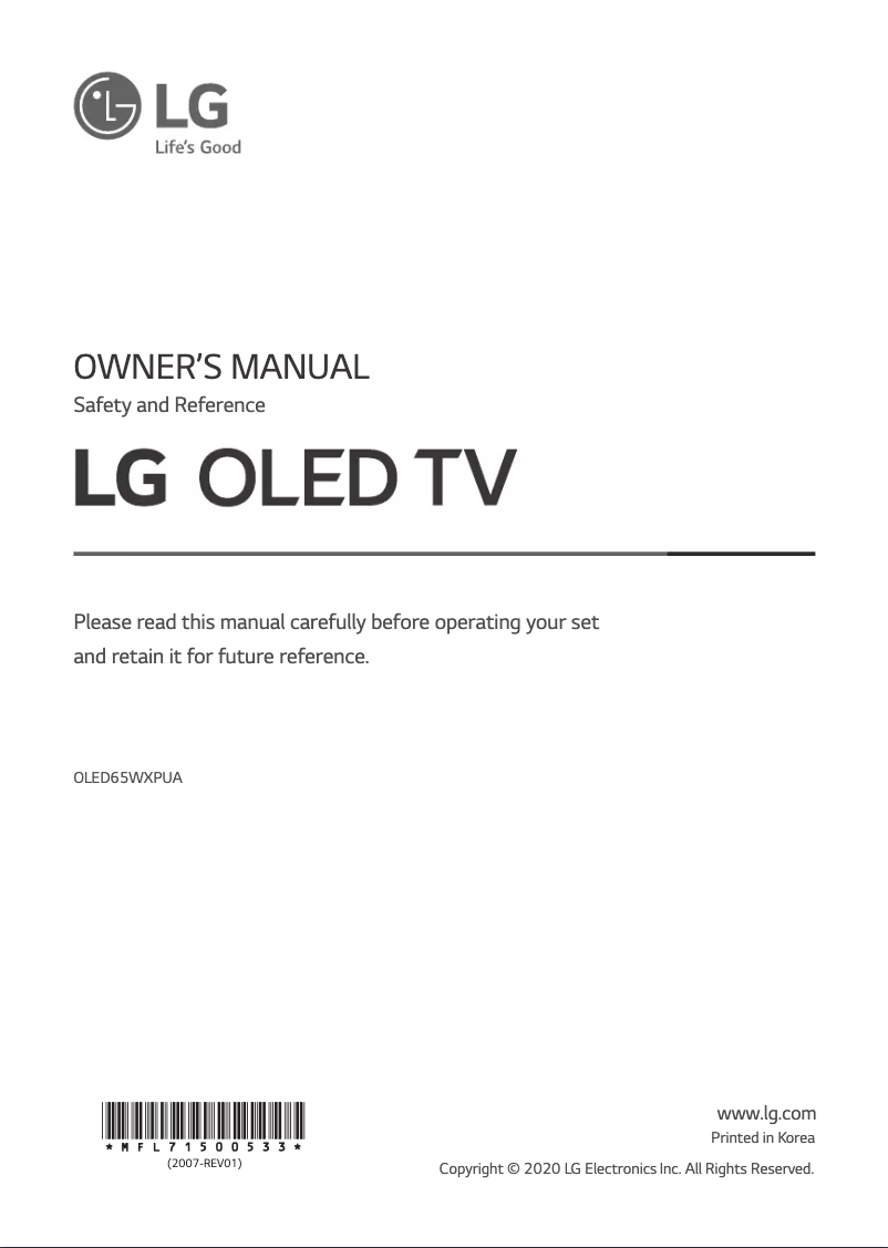 Page 1 de la notice Manuel utilisateur LG OLED65WXPUA