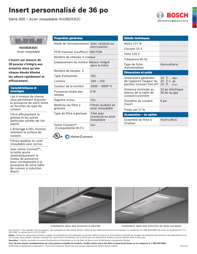 Page 1 of the manual Technical Sheet Bosch HUI36253UC