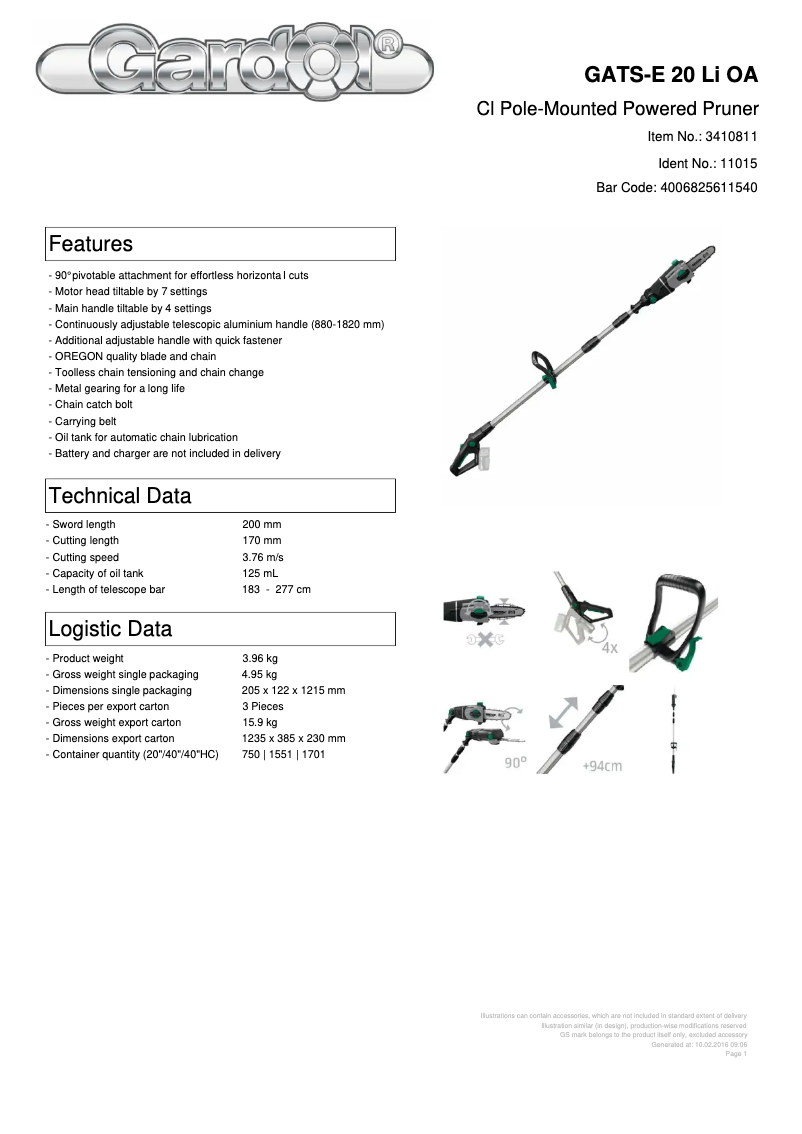 Page 1 de la notice Fiche technique Gardol GATS-E 20 Li