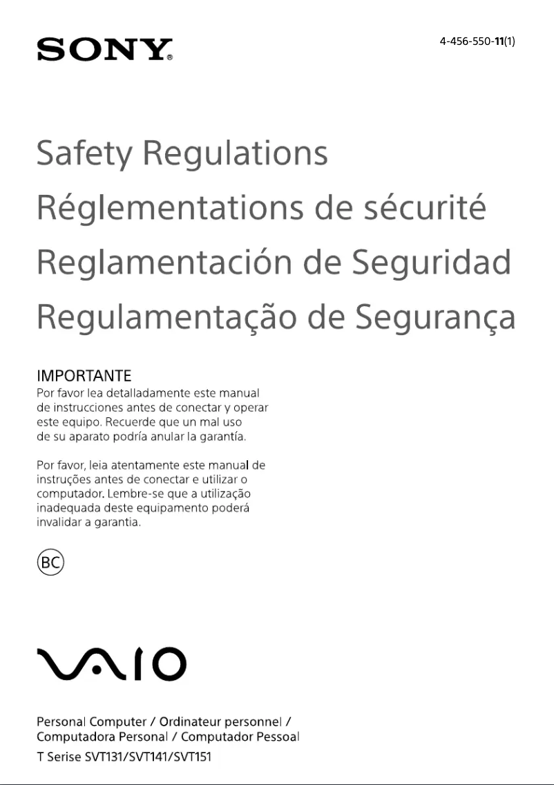 Page 1 de la notice Instructions de sécurité Sony Vaio Tab 15 SVT15117CDS