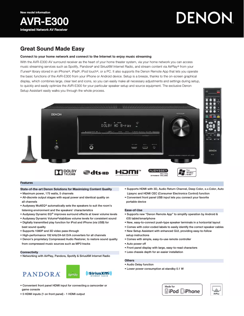 Page 1 de la notice Fiche technique Denon AVR-E300