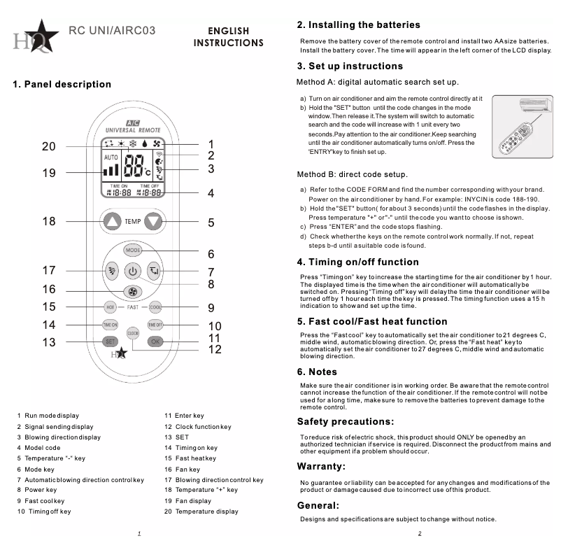 Page 1 of the manual User Manual HQ RC UNI/AIRCO3