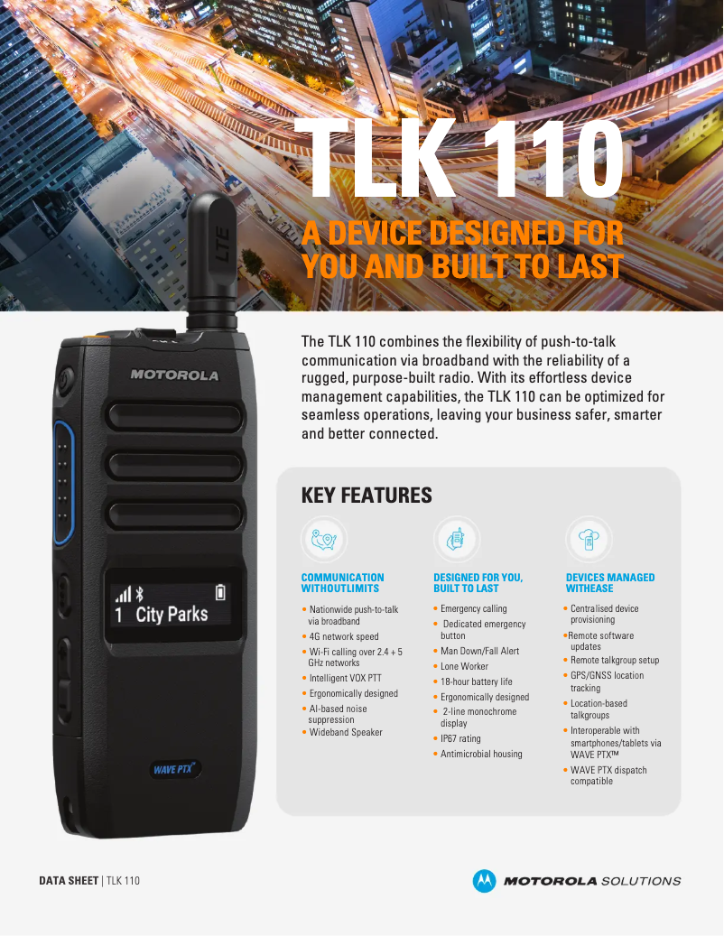 Page 1 de la notice Fiche technique Motorola WAVE PTX TLK 110