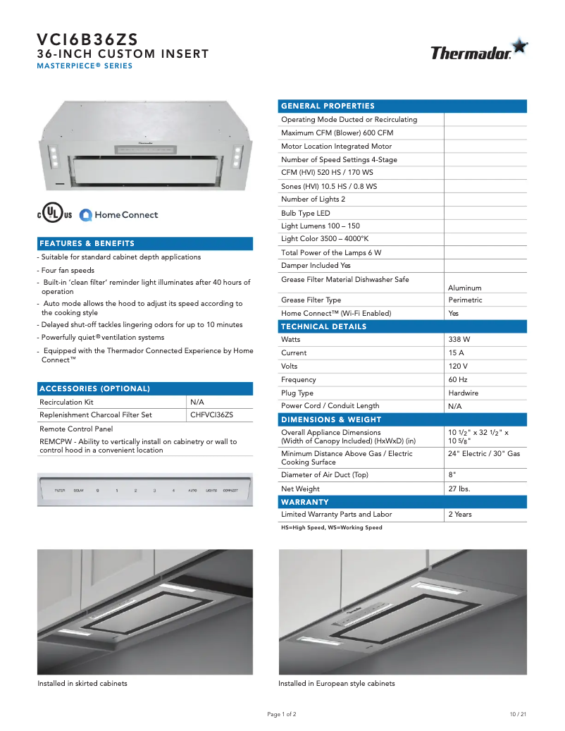 Page 1 de la notice Fiche technique Thermador VCI6B36ZS