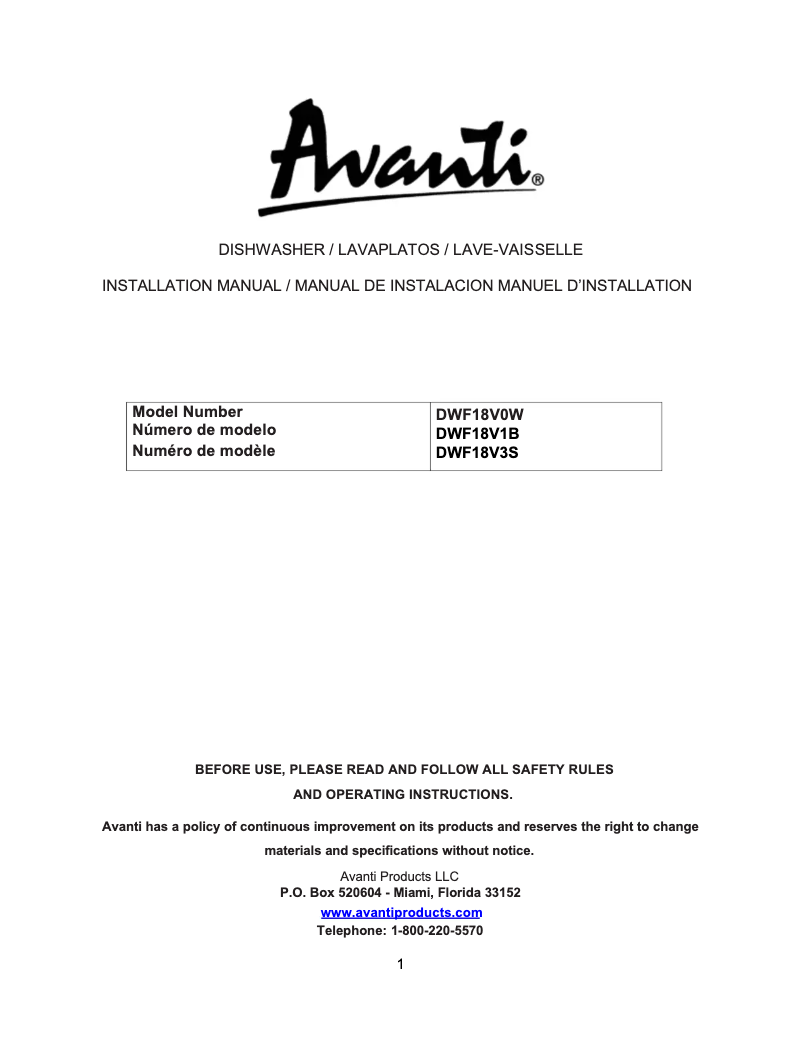 Page 1 de la notice Guide d'installation Avanti DWF18V0W