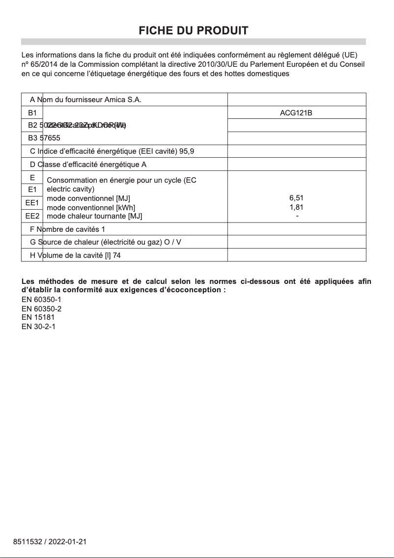 Page 1 de la notice Fiche technique Amica ACG121B