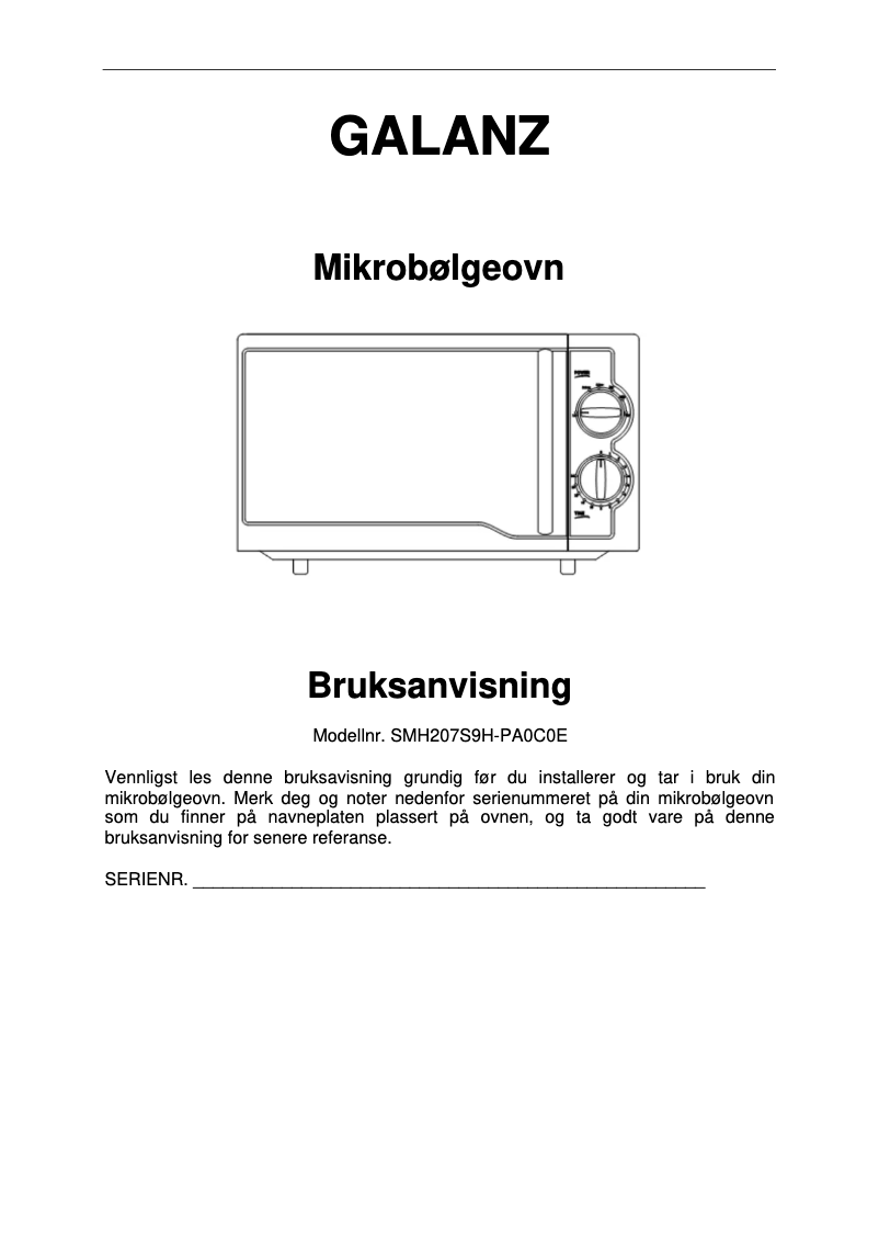 Page 1 of the manual User Manual Galanz SMH207S9H-PA0C0E