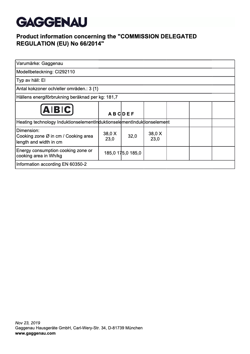 Page 1 de la notice Fiche technique Gaggenau CI292110