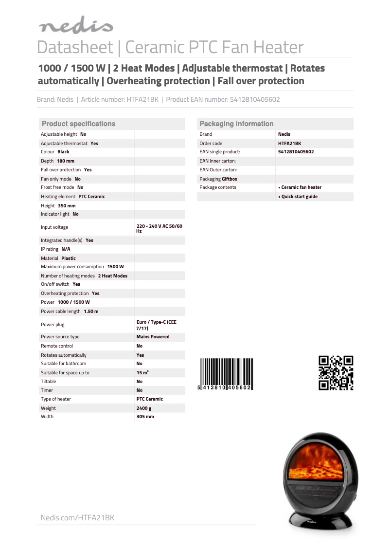 Page 1 de la notice Manuel utilisateur Nedis HTFA21BK