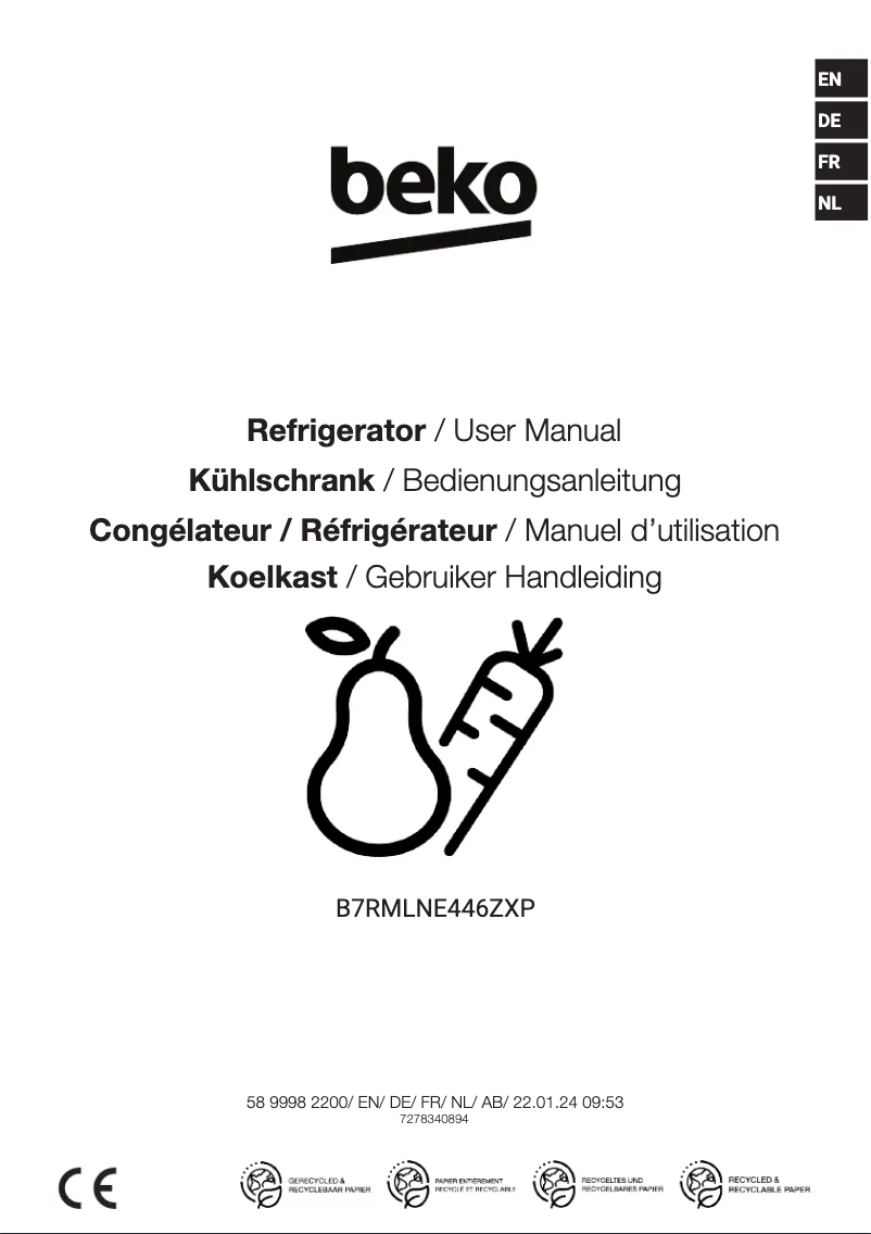 Page 1 de la notice Manuel utilisateur Beko B7RMLNE446ZXP