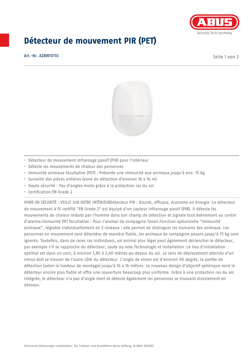Página 1 del manual Ficha técnica Abus AZBW10110